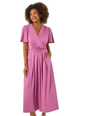 Roman Tie Back V-Neck Stretch Midi Dress - Pink