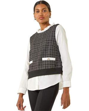 Roman Boucle Frill Mock Shirt Top - White