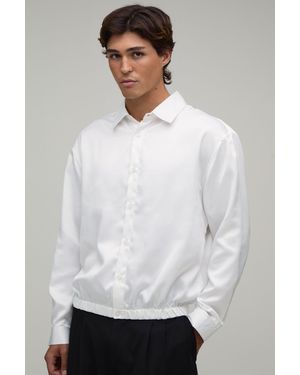 BoohooMAN Oversized Boxy Elasticated Hem Satin Long Sleeve Shirt - White