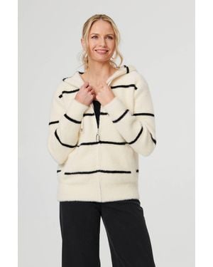 Izabel London Stripe Print Textured Hooded Jacket - Natural