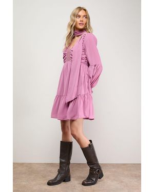Oasis Ruched Bow Tie Mini Dress With Stud Trim - Pink
