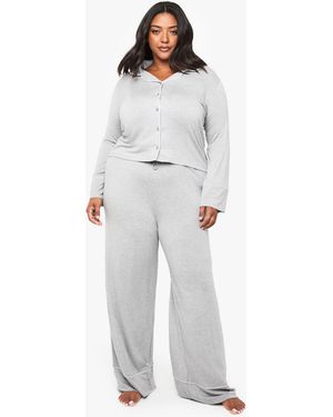 Boohoo Plus Super Soft Modal Long Sleeve Shirt & Trouser Pyjama Set - Grey