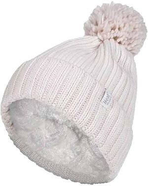 Heat Holders Ladies Ribbed Cuffed Thermal Insulated Winter Pom Pom Bobble Hat - White