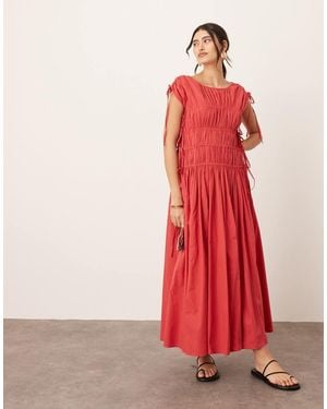 ARRANGE Clean Cotton Drawstring Detail Trapeze Midi Dress With Pockets - Red