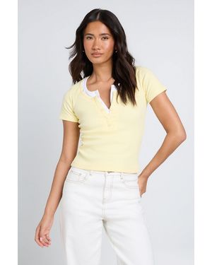 Boohoo Ribbed Contrast Henley Button Short Sleeve Top - White
