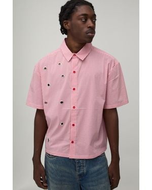 BoohooMAN Oversized Boxy Eyelet Detail Micro Check Shirt - Pink