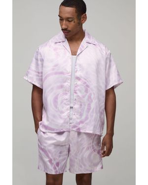 BoohooMAN Oversized Short Sleeve Water Print Satin Shirt & Set - Purple