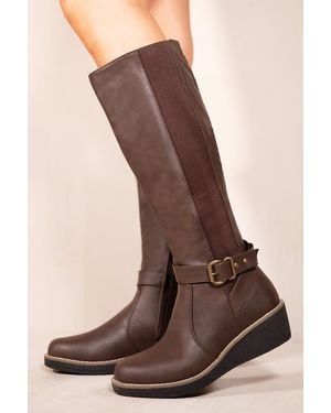 Where's That From 'Ayleen' Wedge Heel Knee High Boots With Elastic Panel - Brown