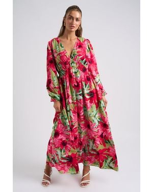 Urban Bliss Large Floral Ruched Smock Dress - Red