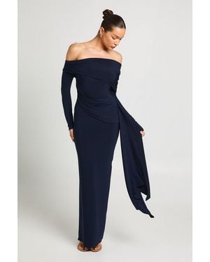 Boohoo Double Layer Slinky Asym Neck Long Sleeve Maxi Dress - Blue