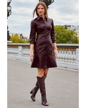 Sosandar Burgundy Fluted Hem Leather Dress - Purple
