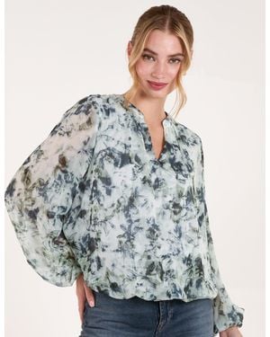 Blue Vanilla Grandad Collar Puffball Watercolour Top - Blue