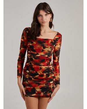 Pink Vanilla Ruched Smudge Print Long Sleeved Dress - Red