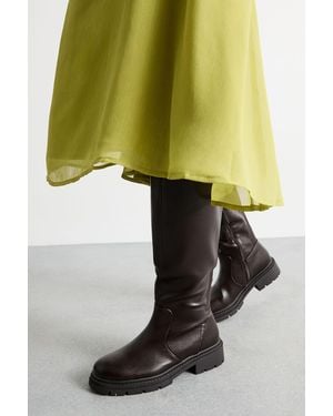 Faith Daphne Faux Leather Back Elastic Chunky Knee Boots - Black