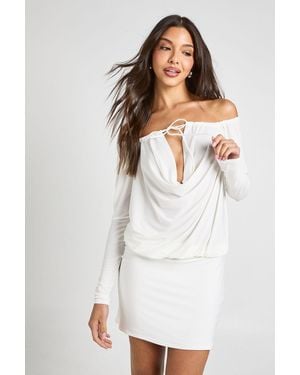 Boohoo Slinky Bardot Drape Front Bodycon Dress - White