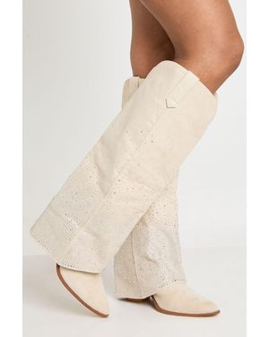 Boohoo Fold Over Embellished Knee High Western Boots - Natural