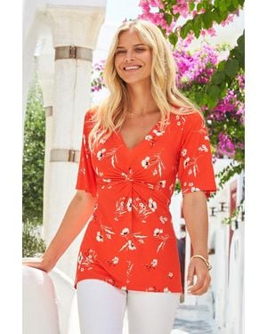 Sosandar Print Angel Sleeve Twist Front Top - Red