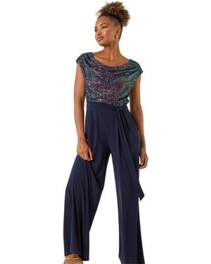 Roman Sequin Bodice Cowl Neck Jumpsuit - Blue