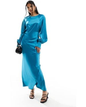 ASOS High Neck Satin Balloon Sleeve Maxi Dress - Blue