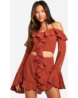 Boohoo Chiffon Ruffle Front Mini Skirt - Red