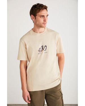 Grimelange Printed Logo Embroidered T-Shirt - Natural