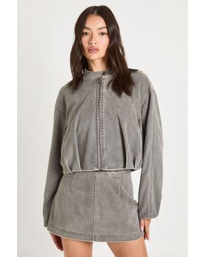 Boohoo Vintage Look Faux Suede Bubble Hem Bomber Jacket - Grey