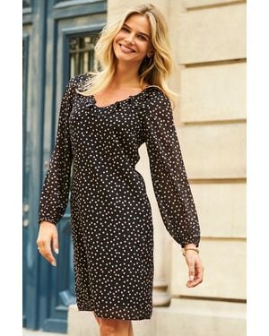 Sosandar Spot Print Ruffle Neck Shift Dress - Black