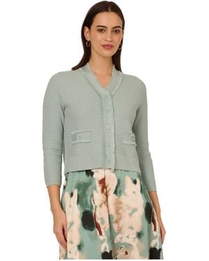 Adrianna Papell V-Neck Fringe Cardigan - Green