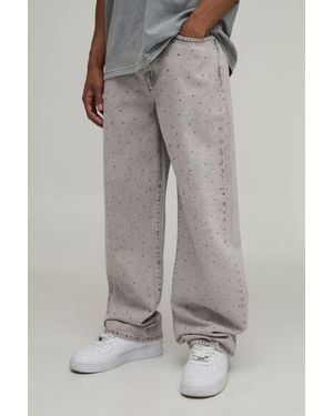 BoohooMAN Ice Wash All Over Rhinestone Relaxed Fit Jeans - Grey