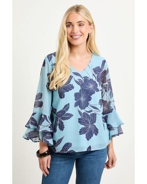 Wallis Petite Floral Flute Sleeve Top - Blue