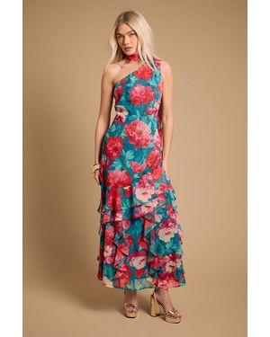 Oasis Asymmetric Midaxi Frill Dress With Scarf - Blue