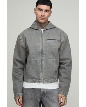 BoohooMAN Tall Basic Boxy Oversized Zip Through Denim Hoodie - Grey