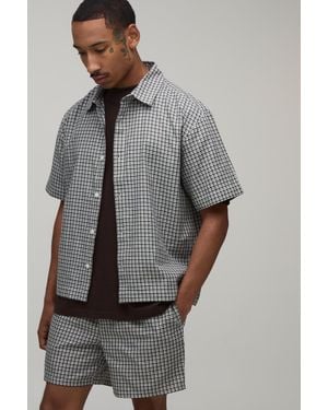 BoohooMAN Micro Check Boxy Oversized Embroidered Shirt & Short Set - Grey