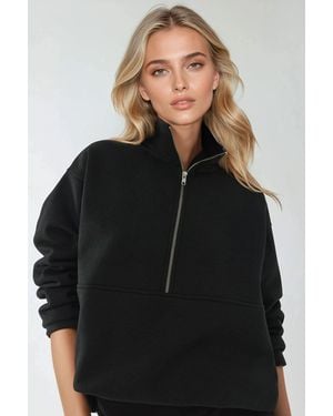 Hiccup Relaxed Fit Long Sleeve Zipper Sweatshirt - Black