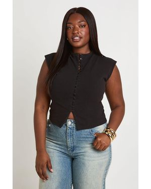 Boohoo Plus Compact Cotton Button Through Cap Sleeve Top - Black