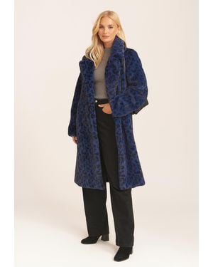 Gini London Leopard Double Breasted Longline Furcoat - Blue