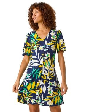 Roman Leaf Button Detail Tea Dress - Green