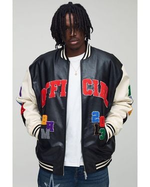 BoohooMAN Tall Oversized Fit Badge Applique Pu Varsity Bomber Jacket - Black