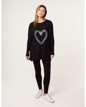 Blue Vanilla Heart Diamante Oversized Jumper - Black