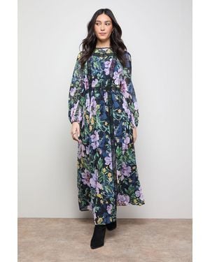 Oasis Printed Lace Trim Balloon Sleeve Midi Smock Dress - Blue