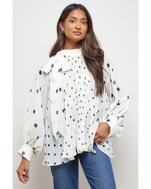Oasis Polkadot Pleated Tie Neck Balloon Sleeve Blouse - White