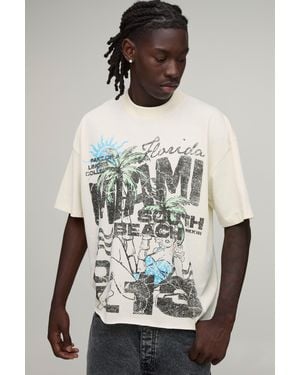 BoohooMAN Oversized Boxy Miami Print Raw Hem T-Shirt Cotton - Multicolour