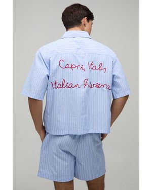 BoohooMAN Oversized Boxy Capri Embroidered Stripe Shirt & Baggy Short Set - Blue