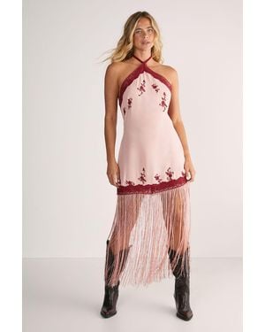 Nasty Gal Floral Embroidered Lace Trim Halter Neck Fringe Maxi Dress - Pink