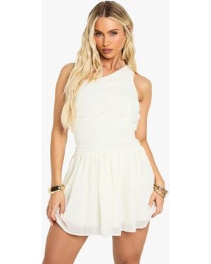 Boohoo Chiffon One Shoulder Ruched Mini Dress - White