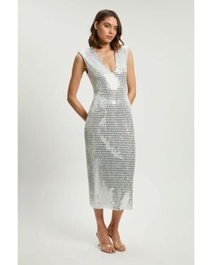 Karen Millen Premium Crystal Embellished Jersey Sleeveless Plunge Neck Midi Dress - Grey