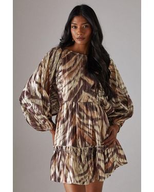 Warehouse Metallic Jacquard Volume Sleeve Mini Dress - Brown
