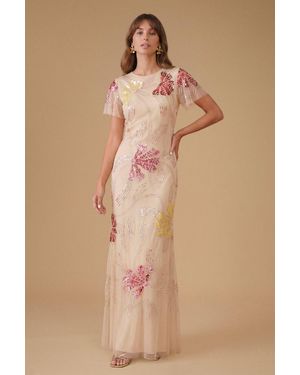 Oasis Fan Floral Embellished Angel Sleeve Maxi Dress - Natural