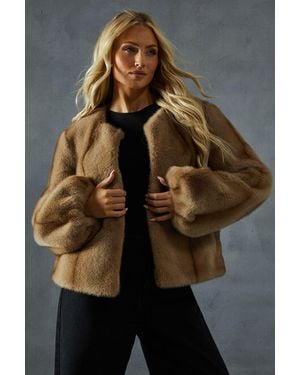 MissPap Premium Faux Fur Balloon Sleeve Coat - Brown