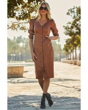 Sosandar Faux Leather Popper Front Pencil Dress With Pockets - Natural
